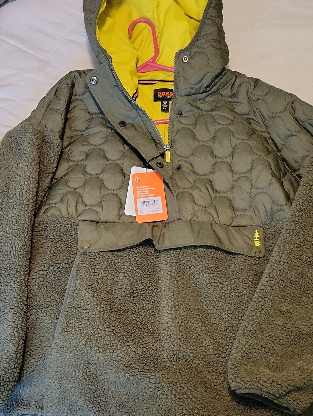 Bass Pro Shops Olive Green and Yellow Hooded Sherpa Pullover Jacket
